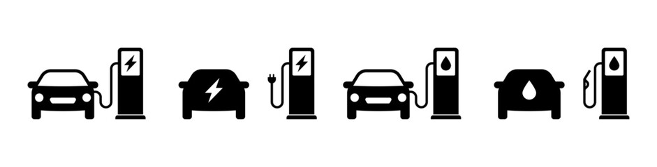 Car gas station refuel and electric charge battery station black icons set. Isolated cars fuel or recharge signs on white background. Simple silhouette plug auto energy station. Vector illustration.