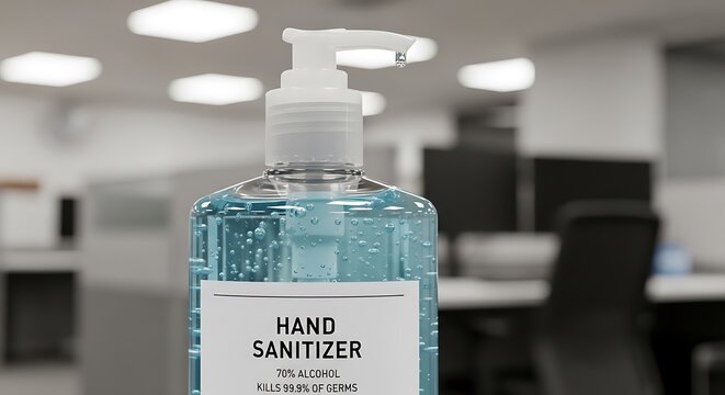 Close-up of a clear plastic bottle of blue hand sanitizer with a white pump dispenser.