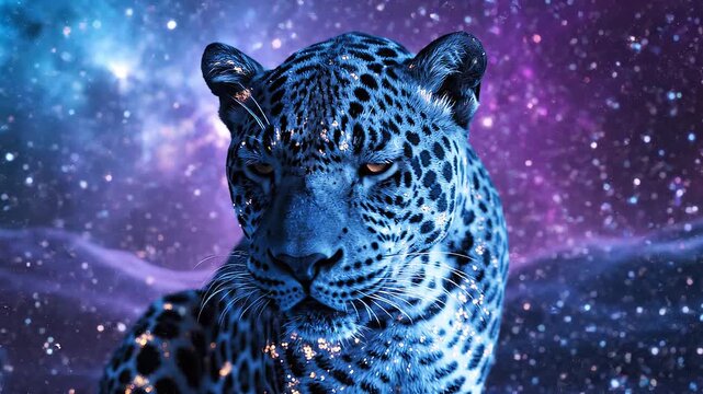 Cool neon purple and blue leopard with glowing spots, mystical sparkling background video, ideal for magical wildlife concepts.