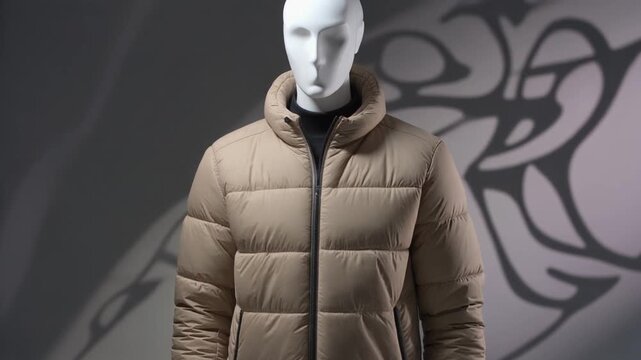 A tan puffer jacket on a mannequin, standing against a dark background with a large floral design, for winter clothing advertisement or catalog