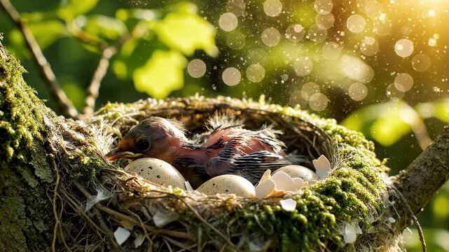 Process of a baby bird hatching from an egg, newborn chick emerging in a nest, serene sunny forest wildlife background.