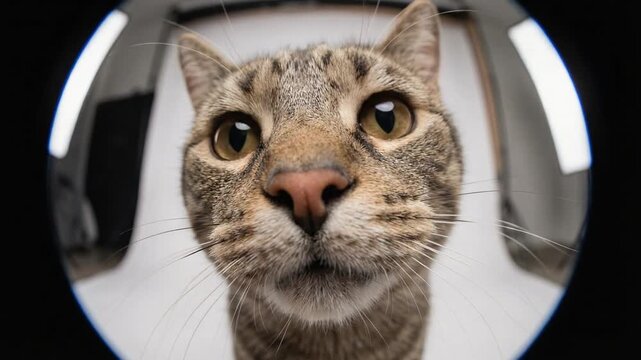 魚眼レンズを覗き込む猫のリアルループ動画