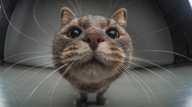 魚眼レンズを覗き込む猫のリアルループ動画