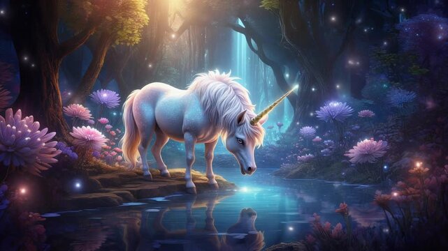 A white unicorn drinking from a mystical forest pool with a waterfall and flowers in the background, under a magical sunset