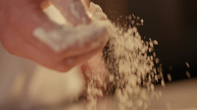 Hand releases flour dust in slow motion. Warm lighting highlights texture of falling particles. Close-up emphasizes tactile experience of baking. Ideal for recipes, cooking tutorials