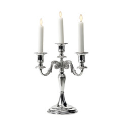 Silver candelabra with three candles isolated on white background