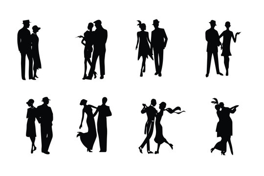 1920s Jazz Age Couple Silhouettes Set &ndash; Vintage Flapper and Gentleman Retro Charactersv