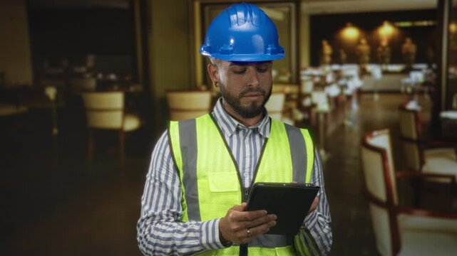 Man engineer holding tablet and wearing blue hardhat and safety vest in building; concentration planning progress.