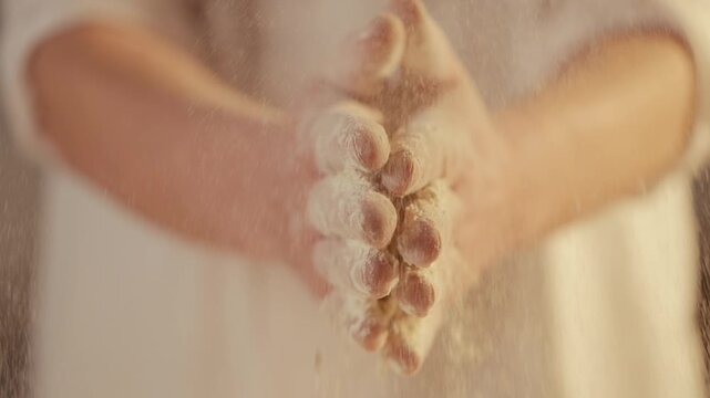Close-up of hands covered in flour, kneading dough. Warm lighting highlights texture and motion. Suggests artisanal baking or culinary preparation. Ideal for recipes, food blogs