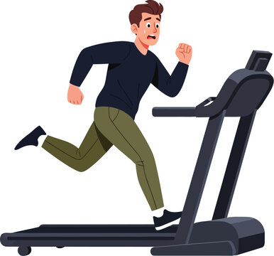Man sweats profusely while running frantically on a modern black treadmill in a dynamic exercise scene.