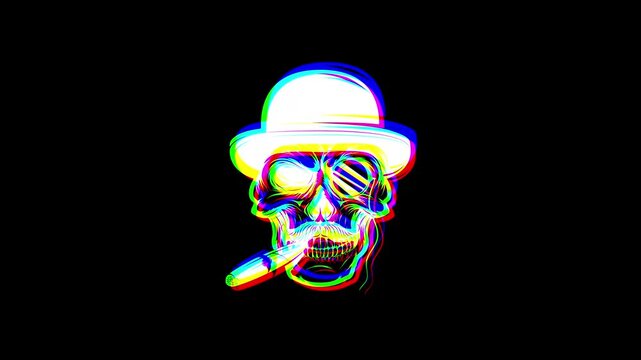 Animated gentleman skull wearing a bowler hat and smoking a cigar, featuring a vibrant digital glitch effect, chromatic aberration, and RGB color shifts on a black background.