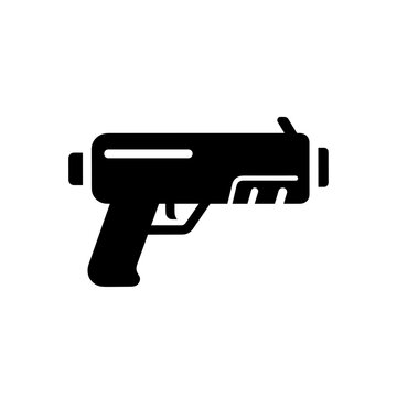 Black silhouette of a thermal detector gun isolated on a stark white background, showcasing sleek design and modern technology