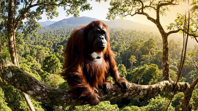 Orangutan perched on a jungle branch at sunset