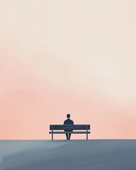 Obraz premium Minimalist Scene of Person Sitting on Bench Under Soft Pastel Sky, Solitude and Reflection Concept, Calm Horizon Landscape