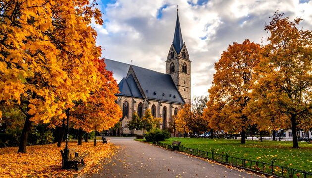 Tall church in autumn. Trees are yellow and orange in a park on a partly cloudy day