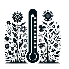 Floral thermometer illustration in black-and-white for seasonal decor