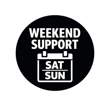 Black round badge with the words "weekend support" above a small calendar icon that reads "sat sun", made as a service availability or customer support mark.