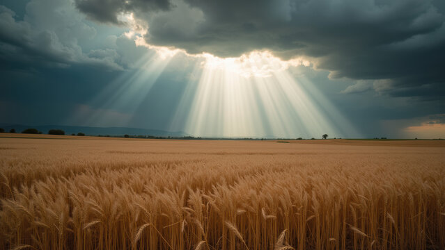Golden wheat field dramatic sky sun rays rural landscape summer agriculture nature peaceful countryside scenic view