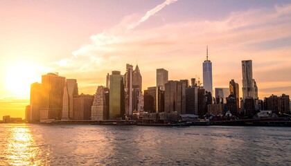 Fototapeta premium Sunlit cityscape view with towering buildings reflected in a body of water under a pastel pink and orange sunset