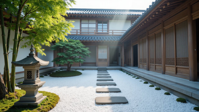 Traditional Japanese courtyard garden with stone path, wooden architecture, white gravel, green maple tree, and peaceful sunlight ambiance