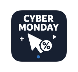 Dark rounded square badge with bold "cyber monday" text, a large cursor arrow and a percent tag, designed as an app-style sale icon for online discounts and promotions.