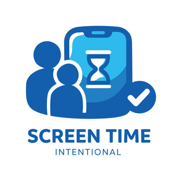 Blue two-person family silhouette beside a phone showing an hourglass and a check mark, logo-style image about managing screen time.