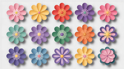 Obraz premium Fifteen vibrant paper cut flowers in various cheerful colors arranged neatly on a light gray background creating a decorative pattern.