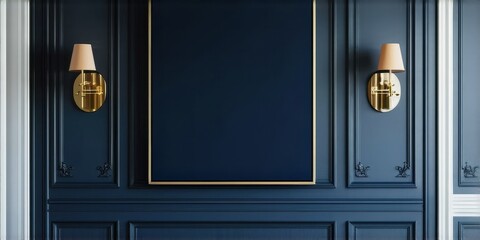 Dark blue wall paneling surrounds empty rectangular space. Symmetrical sconces provide warm light. Classic interior design elements present.