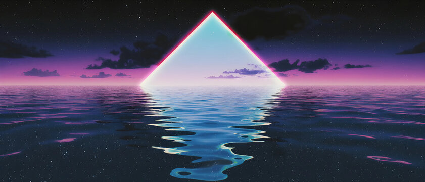 A glowing, neon-rimmed triangle rises from a calm sea under a starry night sky. The horizon features a vibrant pink and purple gradient with dark clouds, reflecting softly in the rippling water.