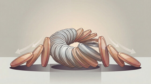 Dynamic cascade of gleaming silver and copper coins toppling in a mesmerizing circular array, illustrating a powerful domino effect