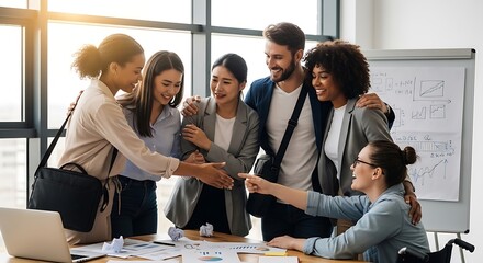 Diverse group of colleagues celebrating success in modern office.