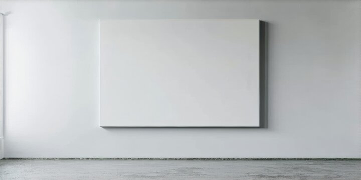 Minimalist interior features blank canvas. White wall, concrete floor create stark contrast. Simple composition, focus on form, light.