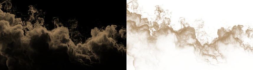 Dust sand soil smoke cloud particles isolated on transparent white background. Brown sandstorm smog sand dust explosion rising. Design elements for Compositing, covering, overlay, PNG