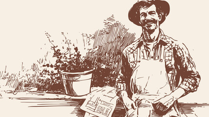 Friendly gardener standing with apron near potted flowers. Rustic yard and tools create background for garden center posters. Hand drawn drawing style.