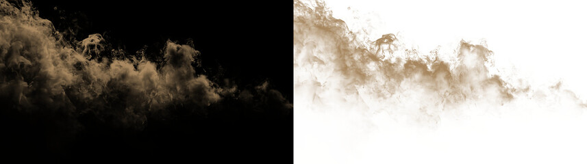 Dust sand soil smoke cloud particles isolated on transparent white background. Brown sandstorm smog sand dust explosion rising. Design elements for Compositing, covering, overlay, PNG © Liubov