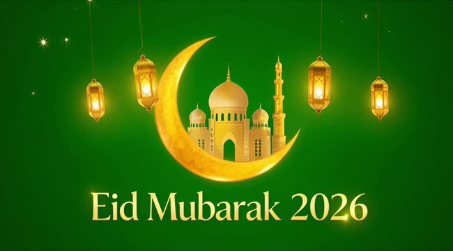 Eid Mubarak celebration with mosque and crescent moon