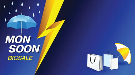Monsoon big sale banner with umbrella, raindrops and lightning bolt on blue background. Shopping bags and seasonal discount concept for rainy season promotion. © Chai