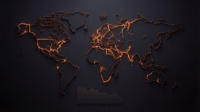Glowing geopolitical fractures illuminate a somber world map, charting the fragile flow of global instability across continents