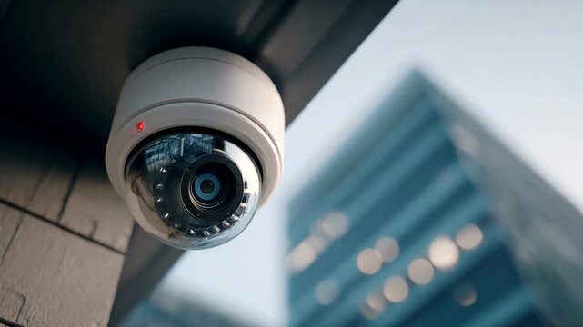 Security camera monitoring urban environment with buildings