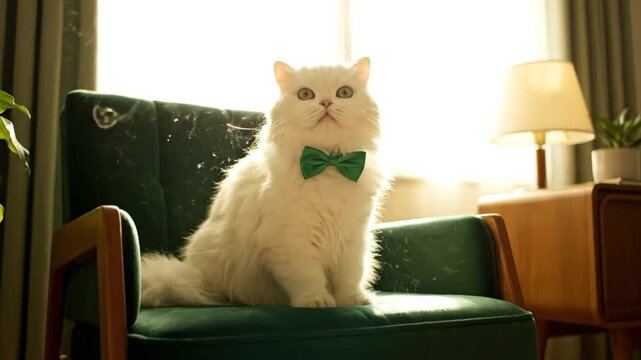 Elegant white cat with a green bow tie sits on a green chair and looks upwards near a window with sunlight