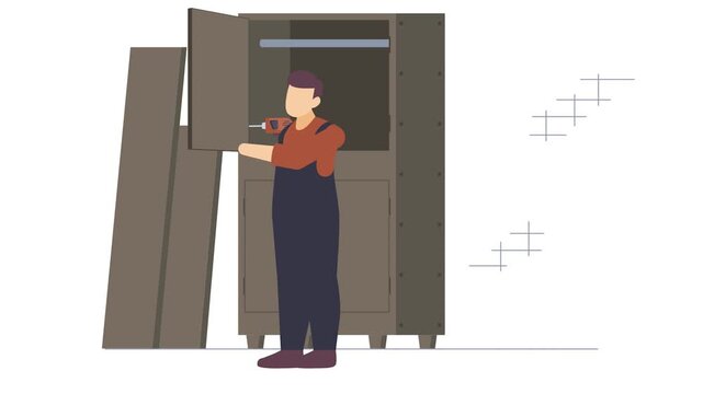 two worker assembling large wardrobe animation, furniture maker installing cabinet door using power drill animated video, carpenters clip, woodworker footage, tradesperson and craftsmen motion graphic