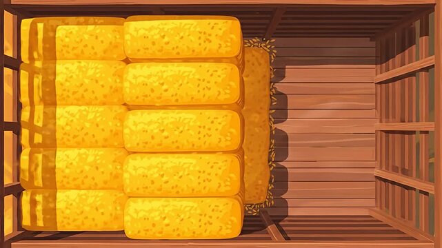 Cartoon depiction of a barn filled with stacked rectangular bales of hay in bright yellow