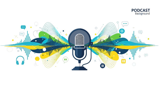 Vibrant Podcast Background with Microphone and Sound Waves.
