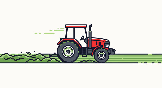 Red tractor working in a green field.
