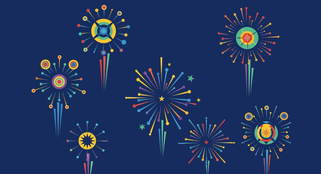 Vibrant Fireworks Display Against Dark Blue Background.