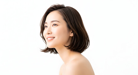 Obraz premium A beautiful young Asian woman with short dark hair and clear skin smiles gently looking to the side against a clean white background, exuding natural beauty and confidence.