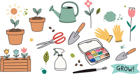 Charming collection of hand drawn gardening elements including plants flowers and various tools