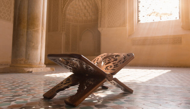 Wooden Quran stand Rehal on mosaic floor in a mosque with warm sunlight for Ramadan
