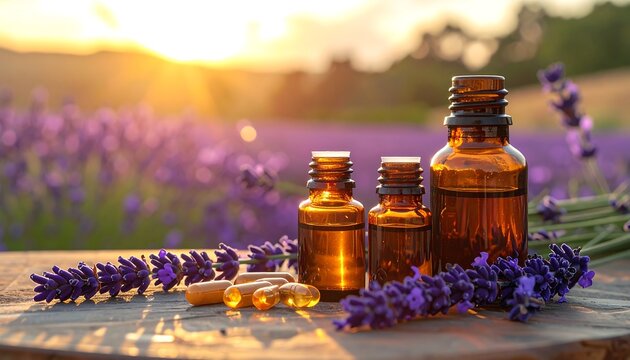 Three amber bottles, soft gels, lavender sprig, and sunlit lavender field in the distance