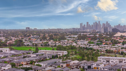 Naklejka premium Panoramic Aerial Drone view of Inner Suburbs of Melbourne housing, roof tops, the streets and the parks, the roads and trees of Ascot Vale Moonee Ponds Brunswick Essendon and Maribyrnong in VIC Victor